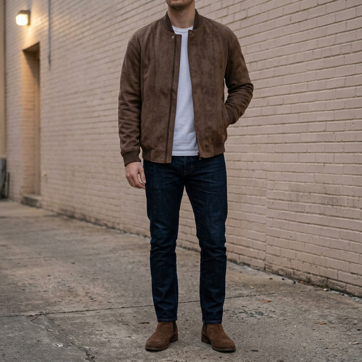 Union Bomber Jacket — Brown, lifestyle full outfit