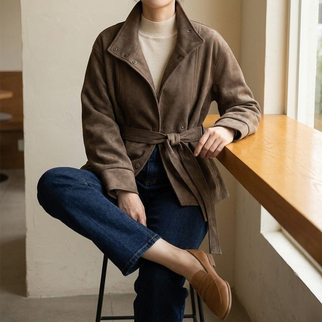 Montalcino Belted Jacket — Brown, LIFESTYLE_OUTFIT