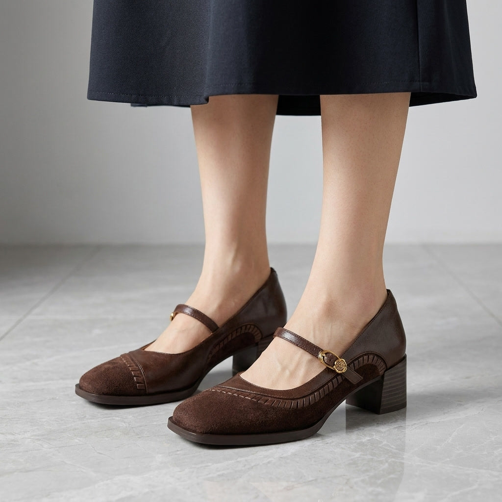 Pescara Buckle Mary Janes — Brown, on model knee-down studio