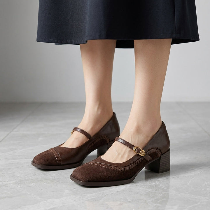 Pescara Buckle Mary Janes — Brown, on model knee-down studio
