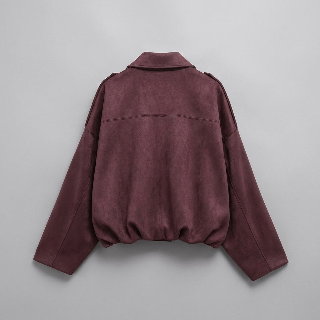 Feltre Suede Jacket — Burgundy, flat lay back on grey seamless