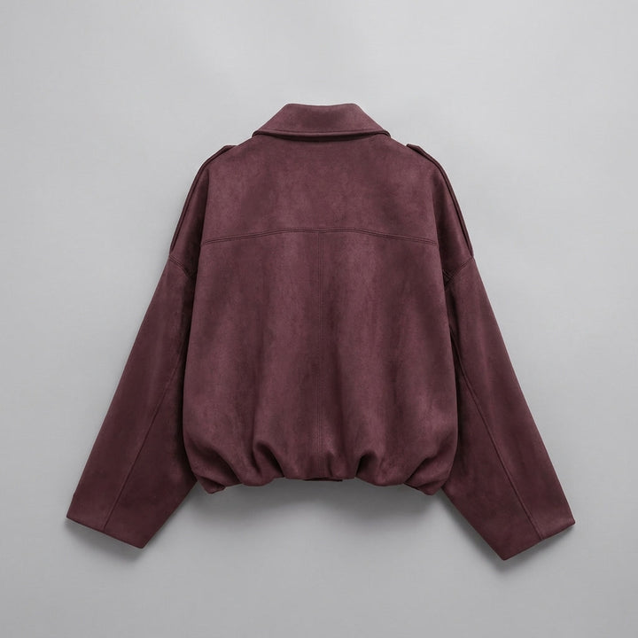 Feltre Suede Jacket — Burgundy, flat lay back on grey seamless