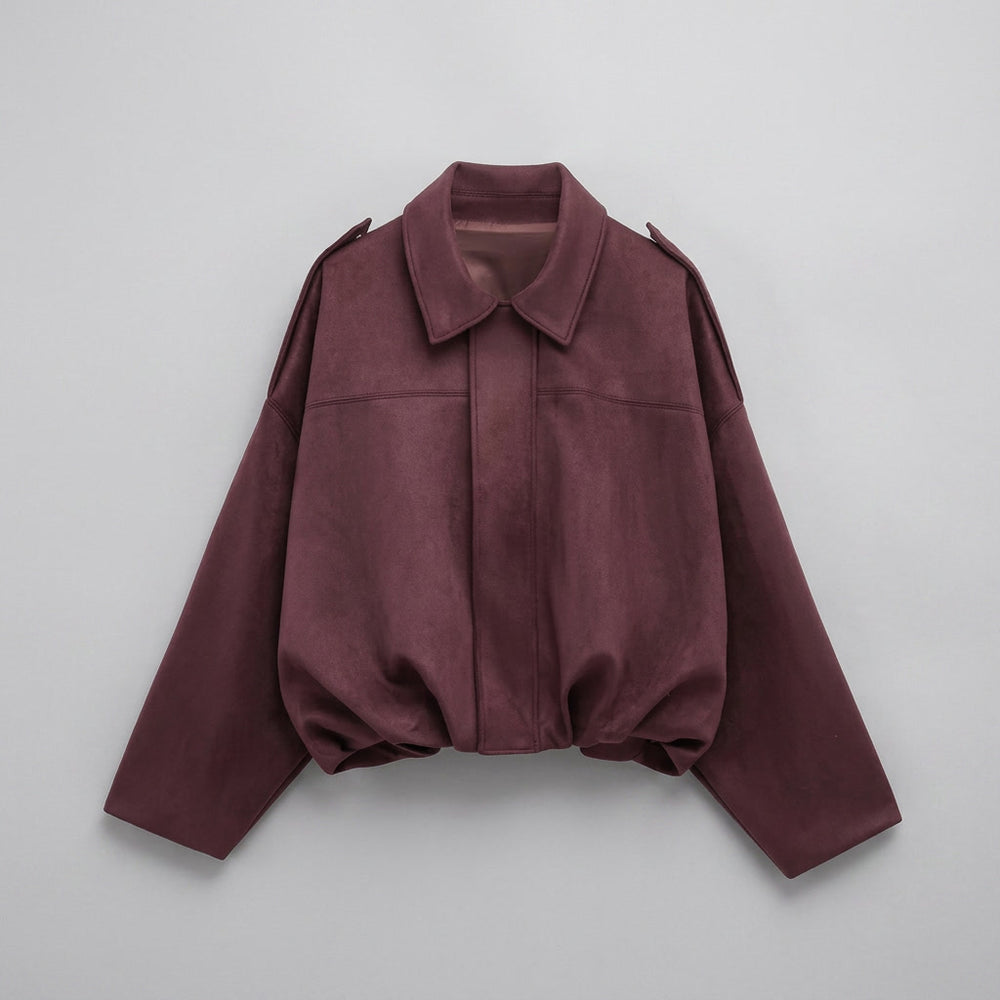 Feltre Suede Jacket — Burgundy, flat lay front on grey seamless