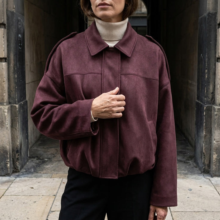 Feltre Suede Jacket — Burgundy, lifestyle worn detail
