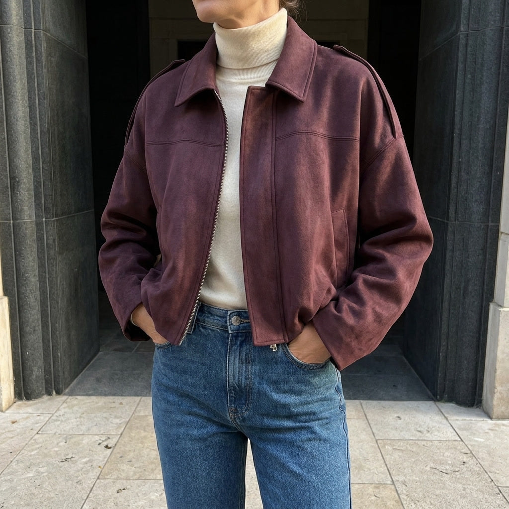 Feltre Suede Jacket — Burgundy, lifestyle close crop on model