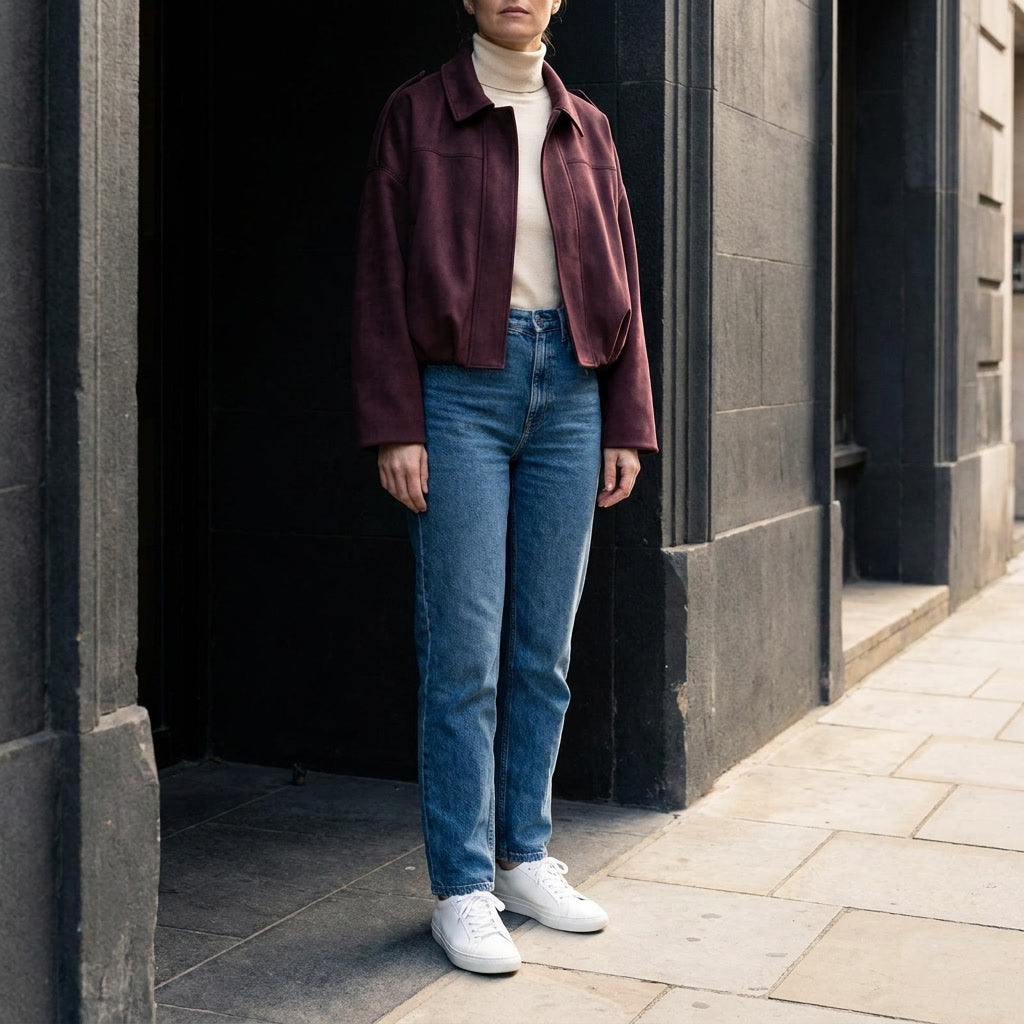 Feltre Suede Jacket — Burgundy, lifestyle full outfit
