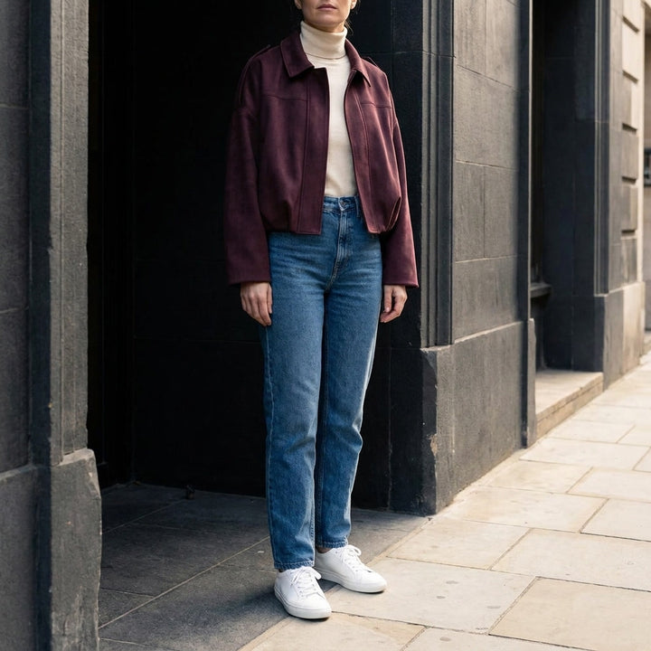 Feltre Suede Jacket — Burgundy, lifestyle full outfit