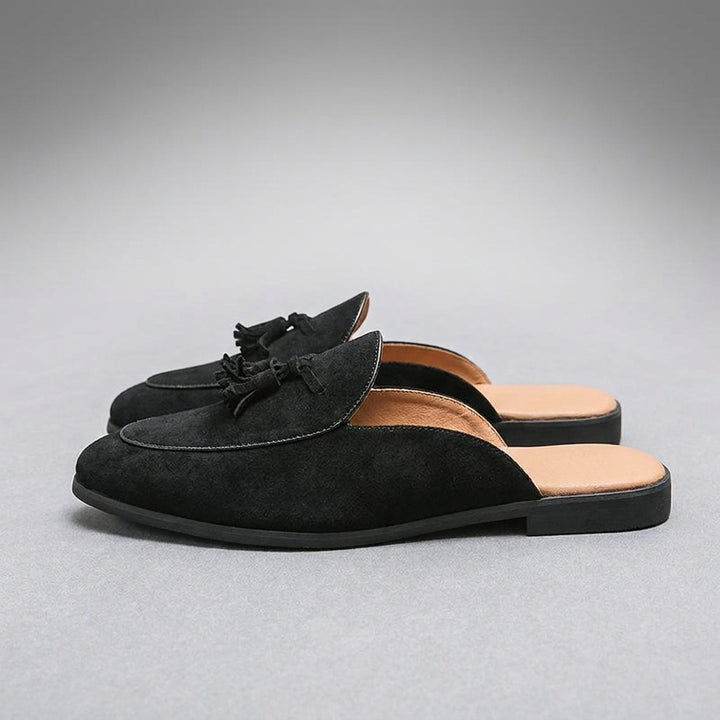 Fasano Suede Mules — Black, side profile, full silhouette toe to heel