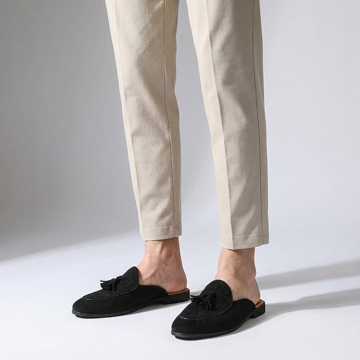 Fasano Suede Mules — Black, male model knee-down studio