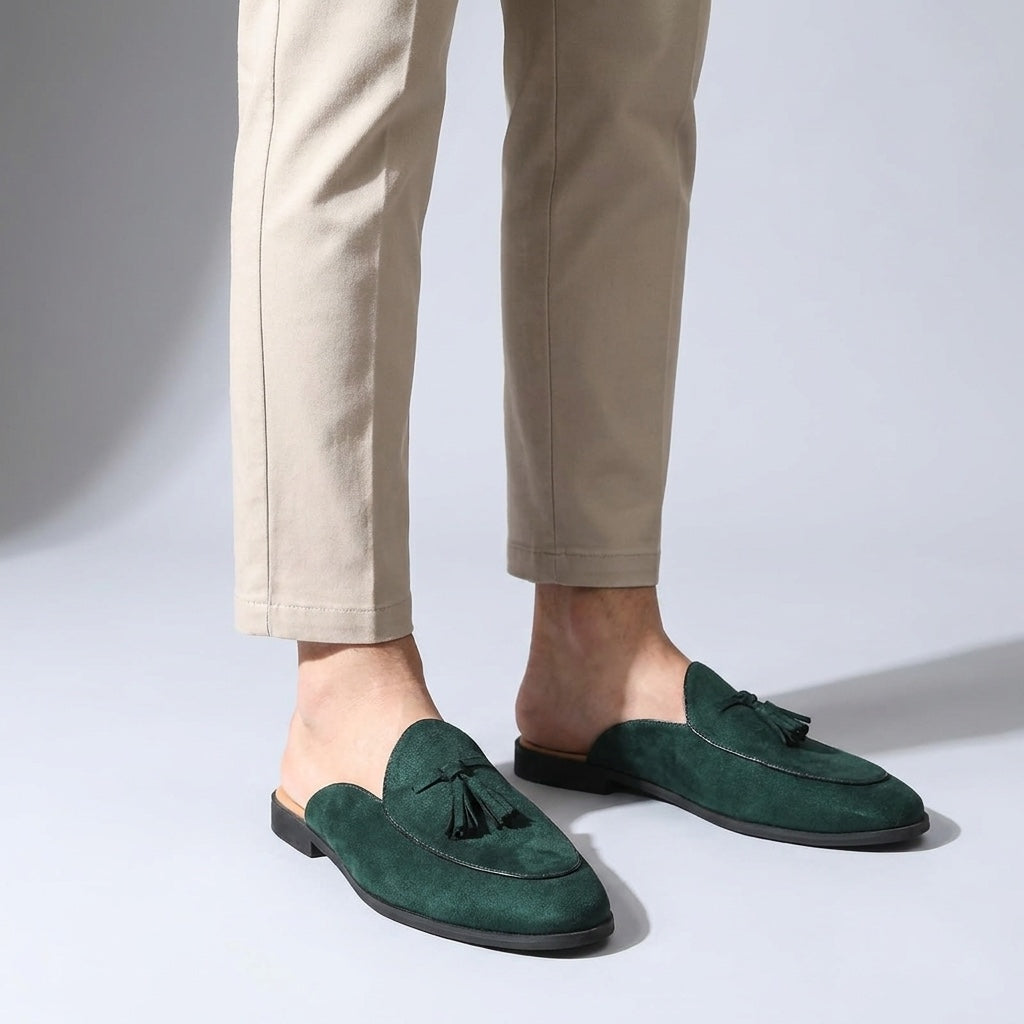 Fasano Suede Mules — Dark Green, male model knee-down studio