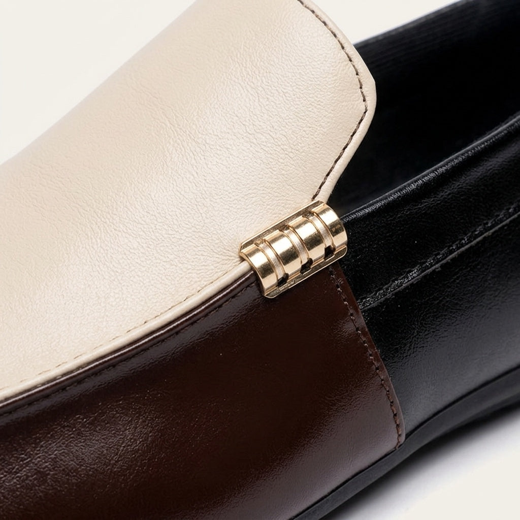 Salerno Two-Tone Loafers — Cream &amp; Brown, gold vamp bar close-up