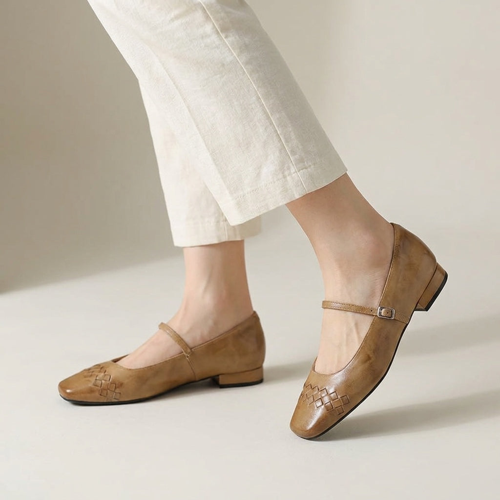 Verona Mary Janes — Tan, worn view in the studio, from the knee down