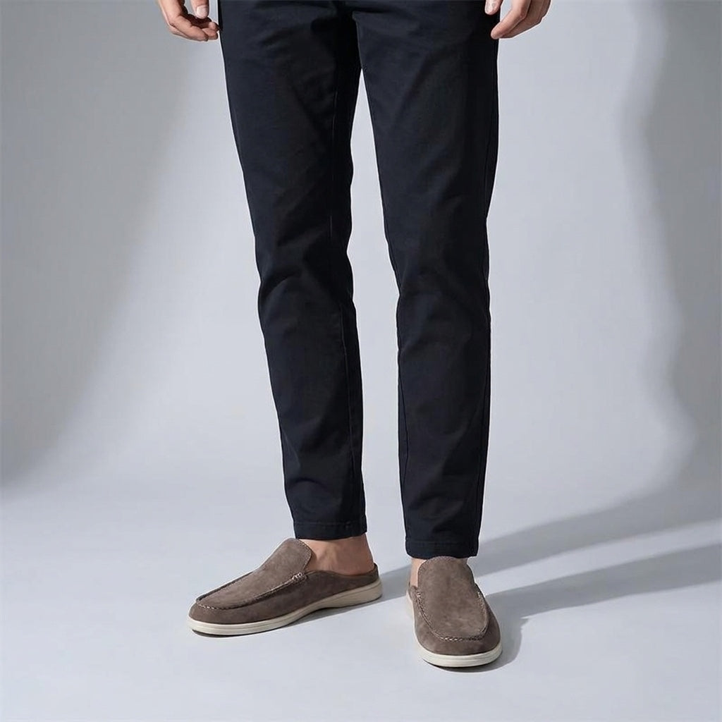 Salcombe Suede Loafers — Brown, male model knee-down studio