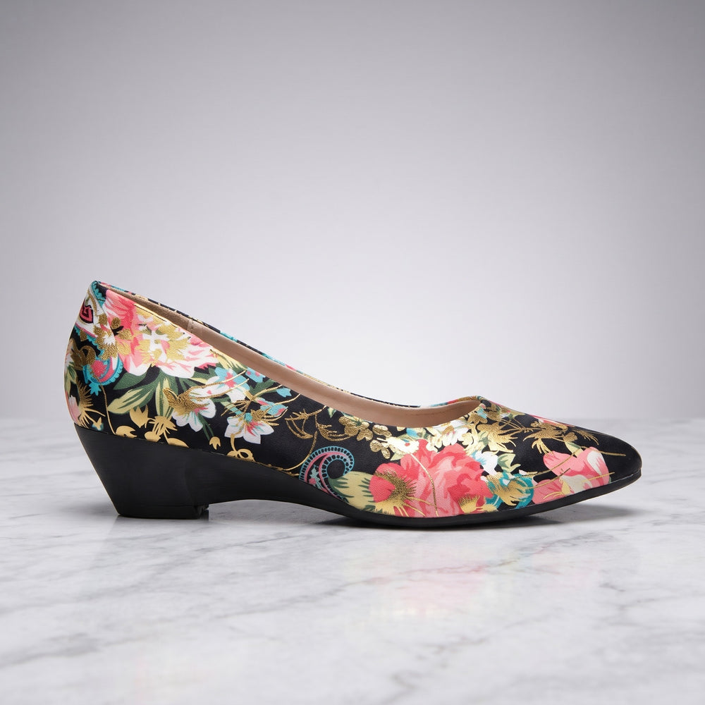 Camogli Floral Pumps — Black Floral, side profile of a single shoe showing the low heel
