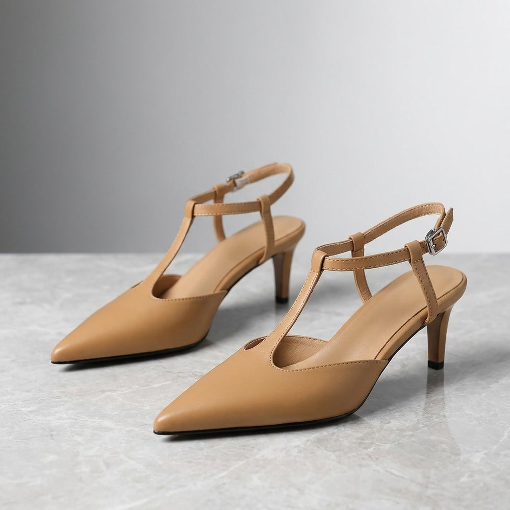 Parma Pointed Sandals — Caramel, pair on marble