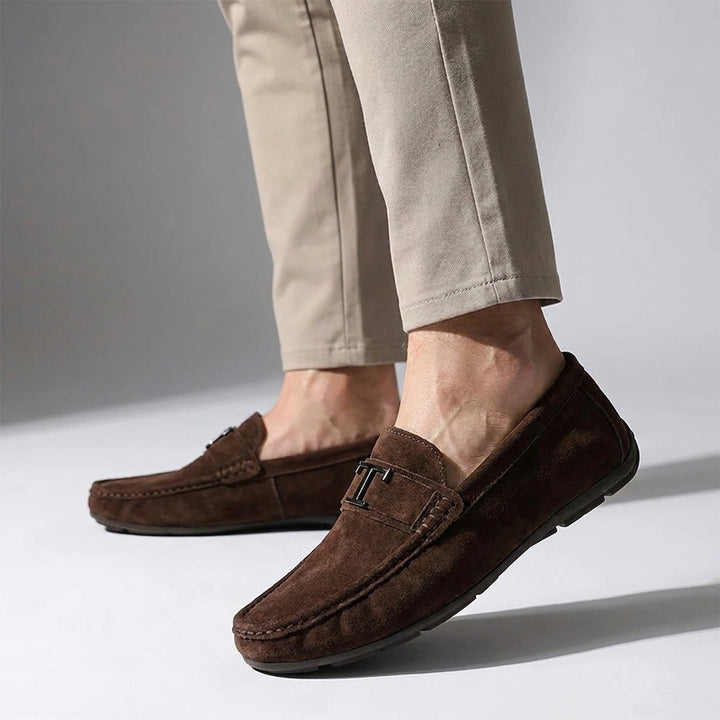 Recco Suede Loafers — Brown, male model knee-down studio
