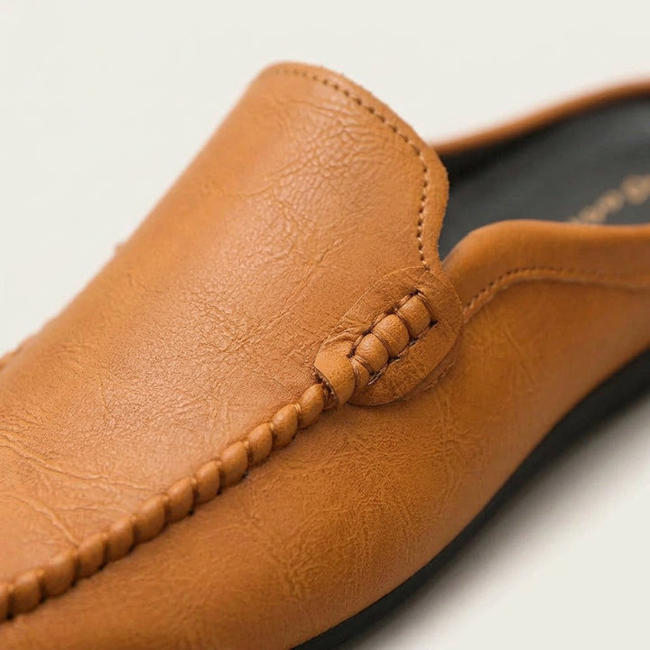 Cetara Leather Mules — Tan, close-up of braided cord vamp ornament