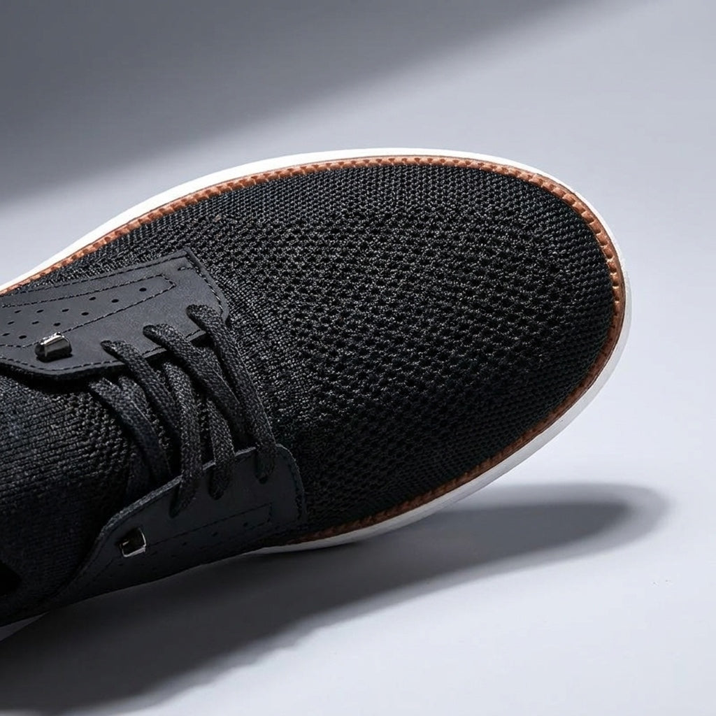Livorno Mesh Sneakers — Black, close material/construction view, studio backdrop