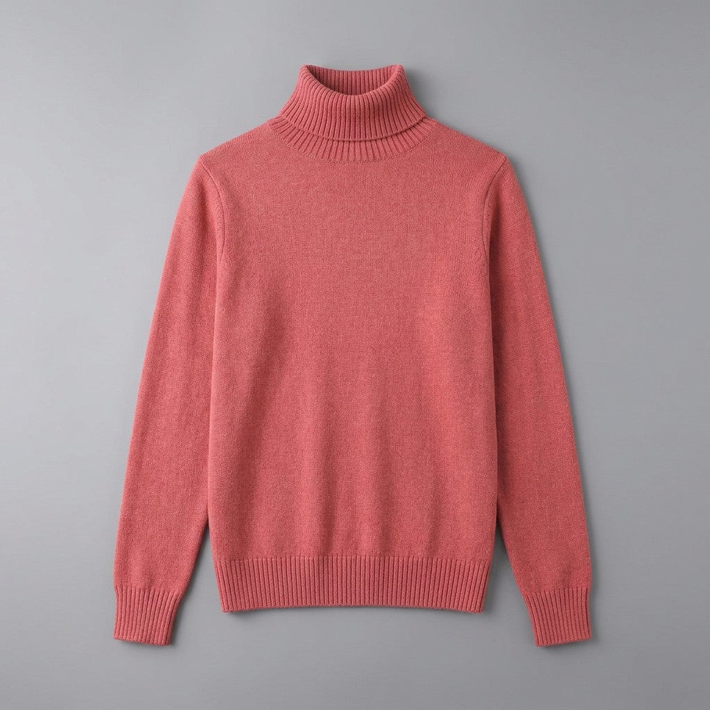 Cesena Merino Wool Turtleneck — Coral Red, front flat lay on grey