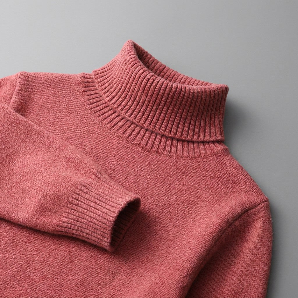 Cesena Merino Wool Turtleneck — Coral Red, close-up of the ribbed collar, knit and cuff