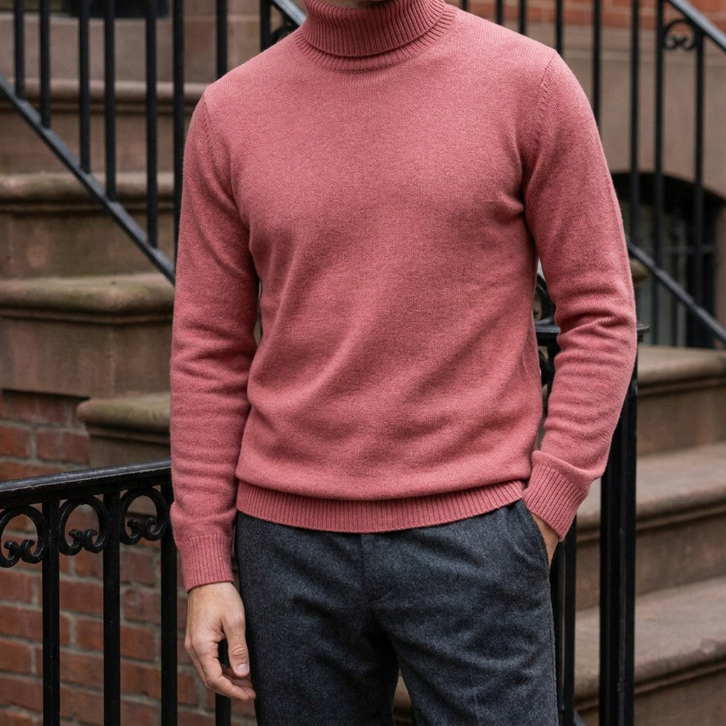 Cesena Merino Wool Turtleneck — Coral Red, worn on a brownstone stoop