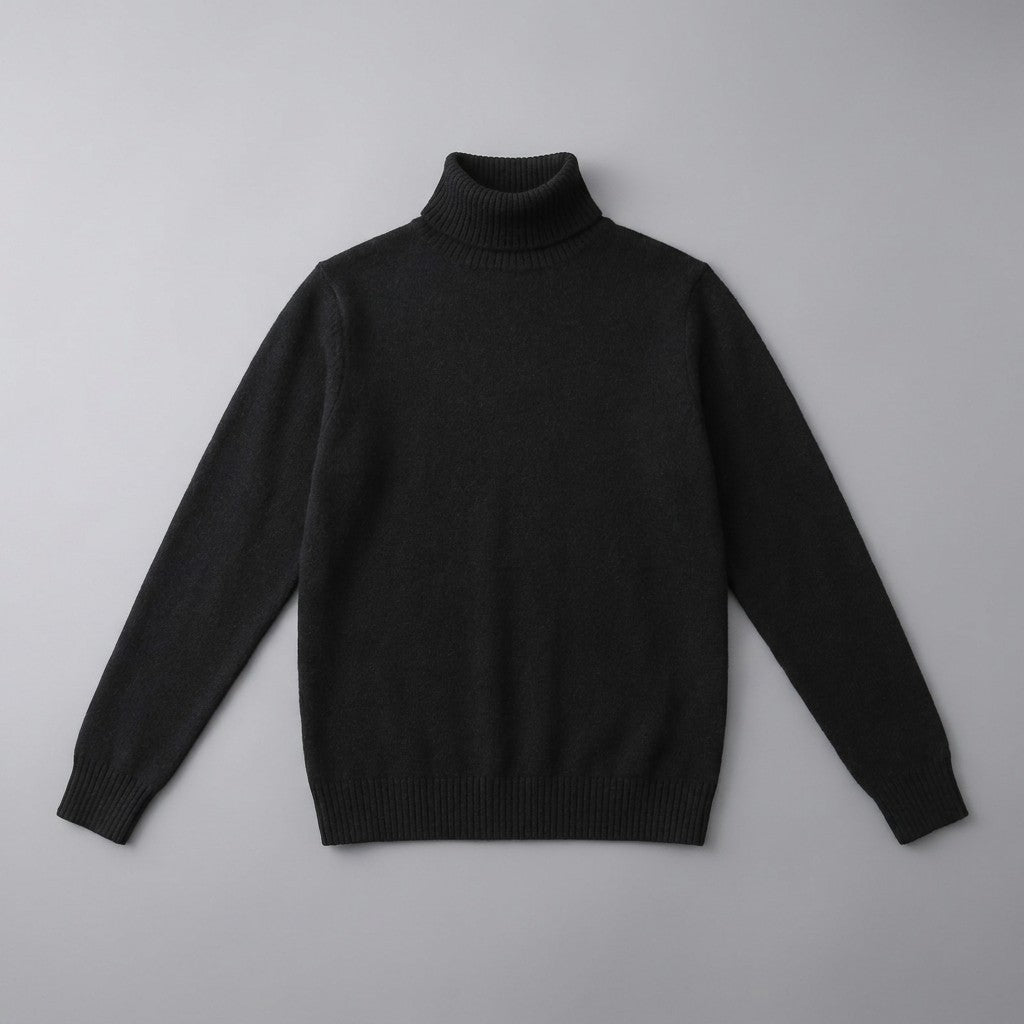 Cesena Merino Wool Turtleneck — Black, front flat lay on grey