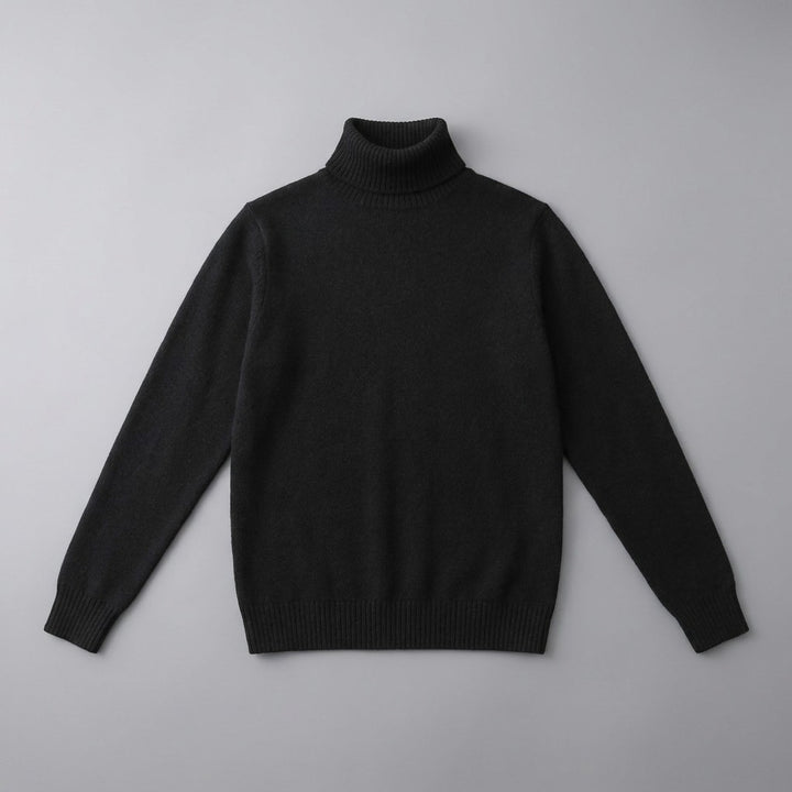 Cesena Merino Wool Turtleneck — Black, front flat lay on grey