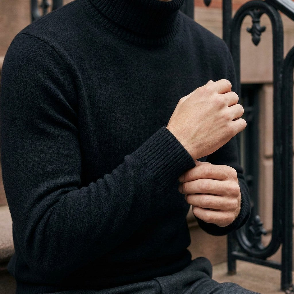 Cesena Merino Wool Turtleneck — Black, worn close-up of the cuff and knit