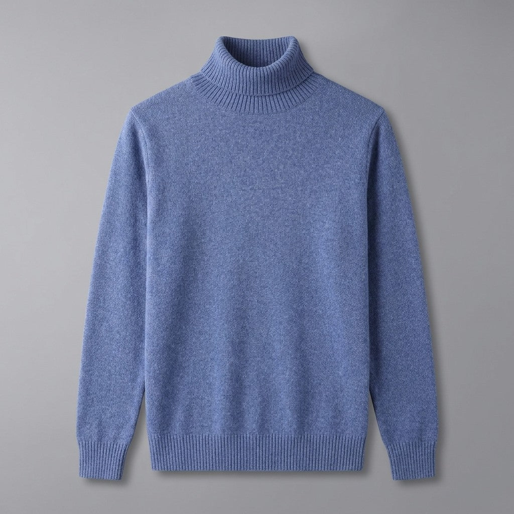 Cesena Merino Wool Turtleneck — Cornflower Blue, front flat lay on grey