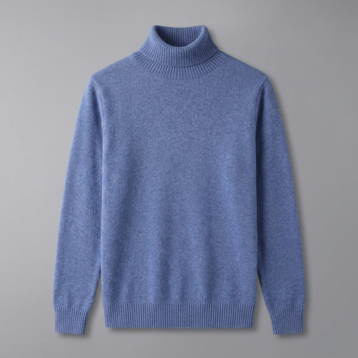Cesena Merino Wool Turtleneck — Cornflower Blue, front flat lay on grey