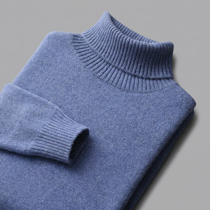 Cesena Merino Wool Turtleneck — Cornflower Blue, close-up of the ribbed collar, knit and cuff