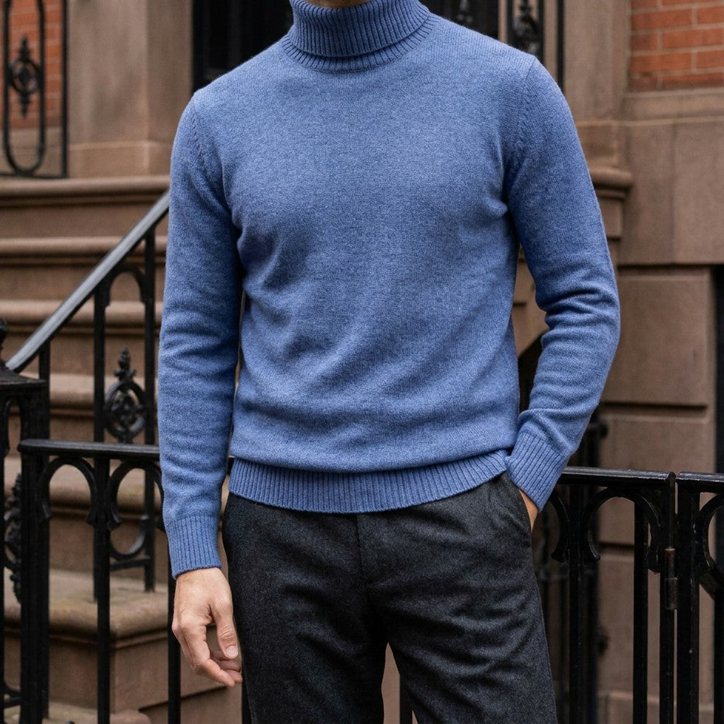Cesena Merino Wool Turtleneck — Cornflower Blue, worn on a brownstone stoop