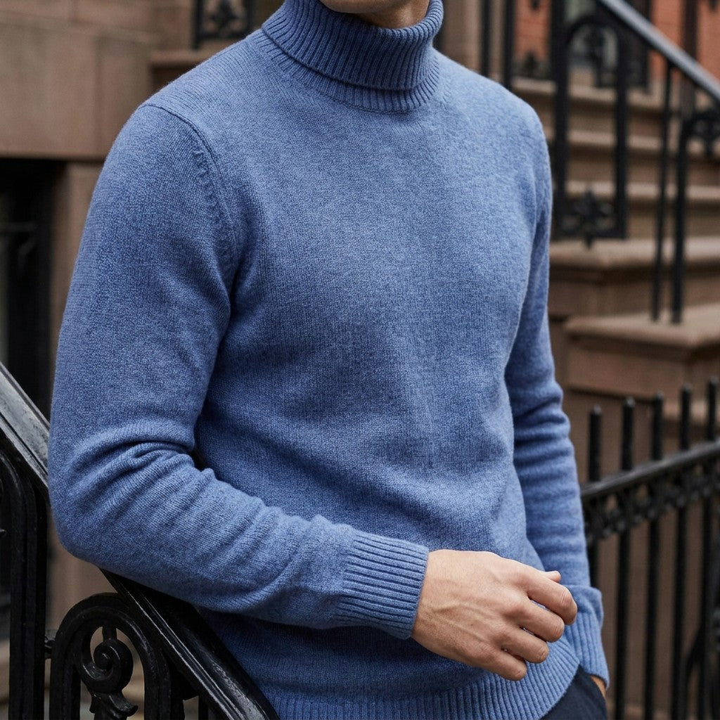 Cesena Merino Wool Turtleneck — Cornflower Blue, worn close-up of the cuff and knit
