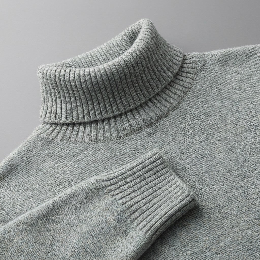 Cesena Merino Wool Turtleneck — Sage, close-up of the ribbed collar, knit and cuff