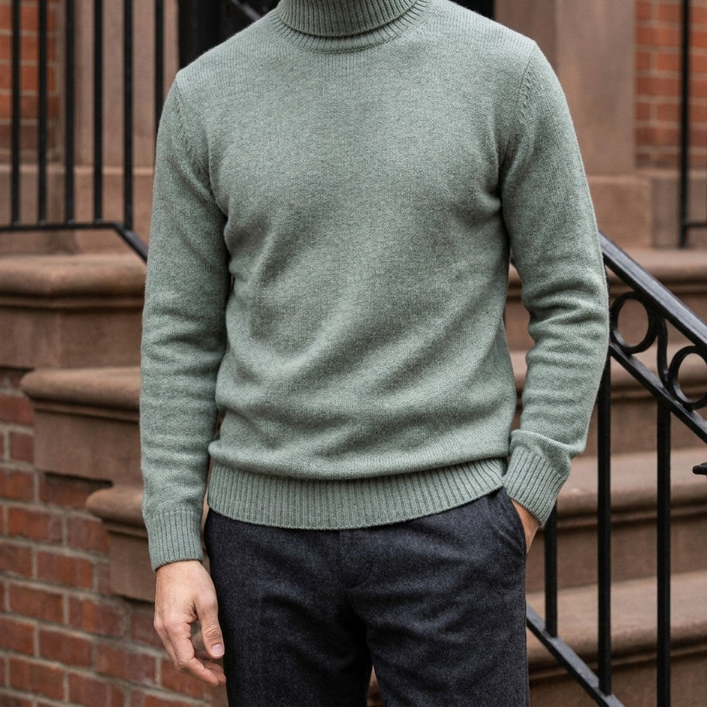 Cesena Merino Wool Turtleneck — Sage, worn on a brownstone stoop