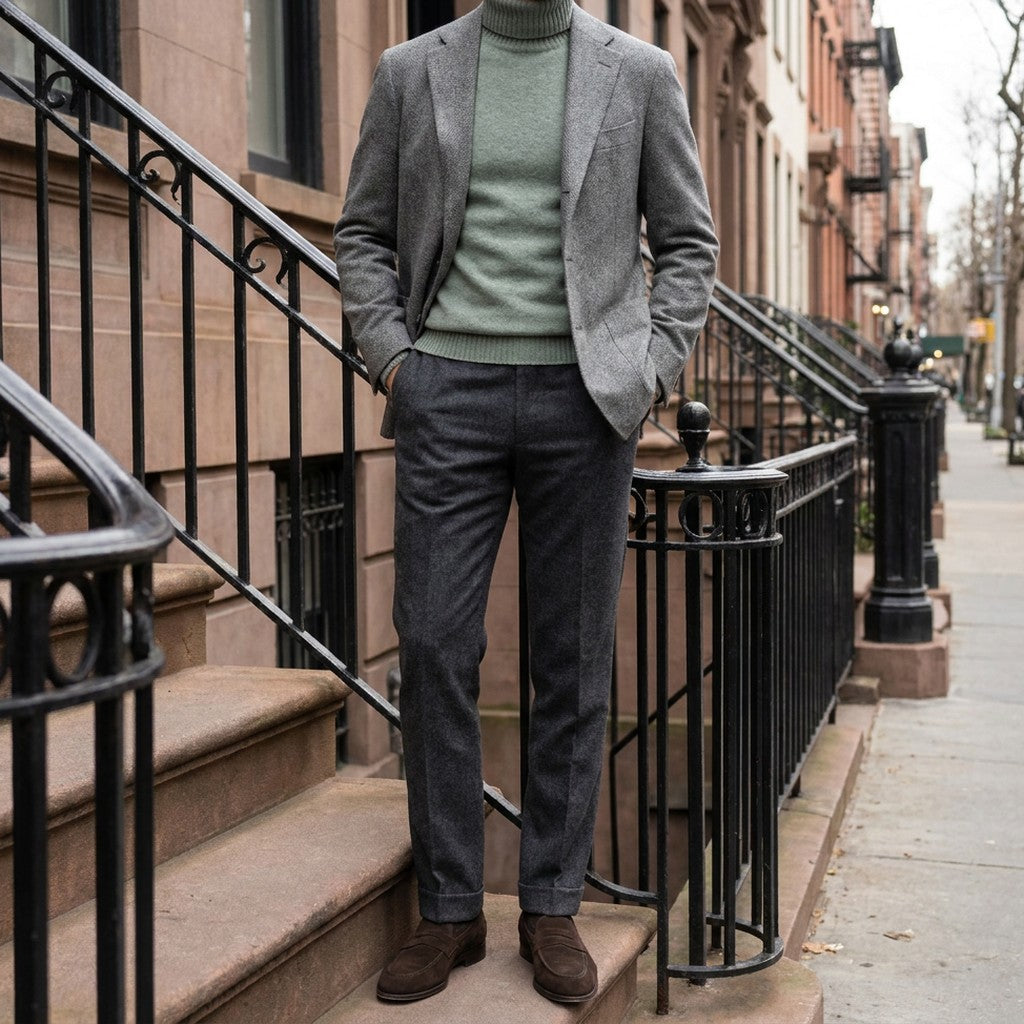 Cesena Merino Wool Turtleneck — Sage, worn under a grey blazer with charcoal trousers