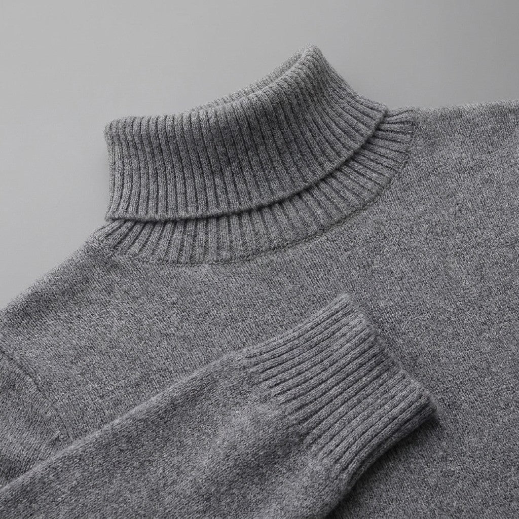 Cesena Merino Wool Turtleneck — Charcoal, close-up of the ribbed collar, knit and cuff