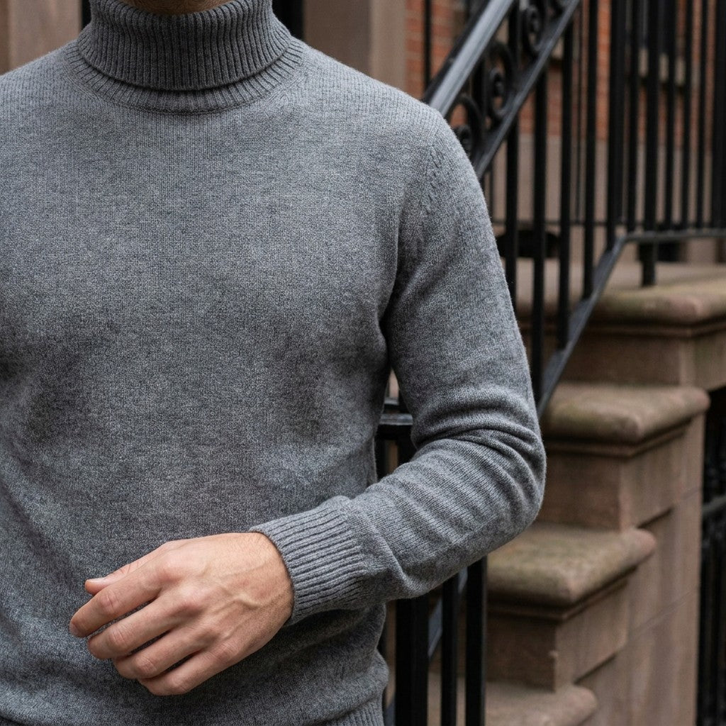 Cesena Merino Wool Turtleneck — Charcoal, worn close-up of the cuff and knit