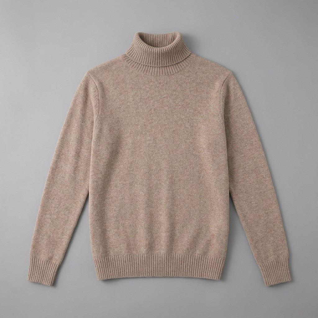 Cesena Merino Wool Turtleneck — Camel, front flat lay on grey