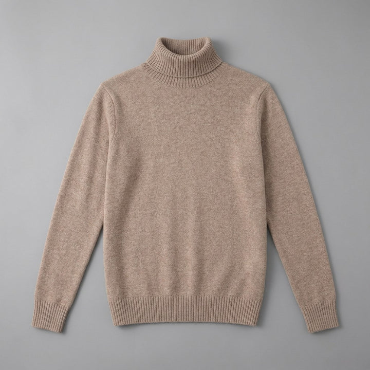 Cesena Merino Wool Turtleneck — Camel, front flat lay on grey
