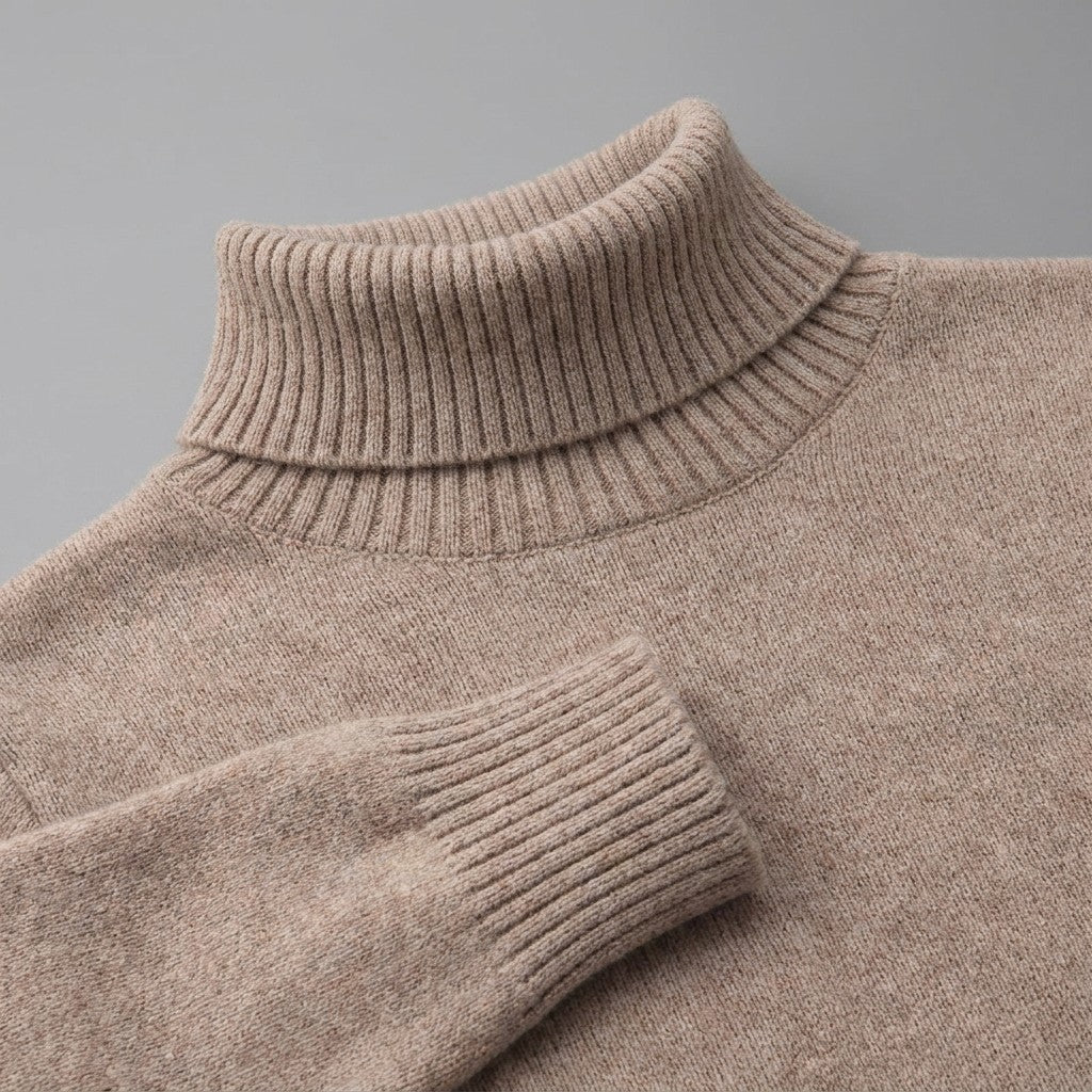 Cesena Merino Wool Turtleneck — Camel, close-up of the ribbed collar, knit and cuff
