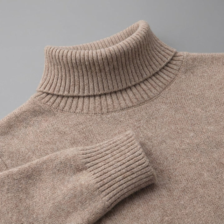Cesena Merino Wool Turtleneck — Camel, close-up of the ribbed collar, knit and cuff