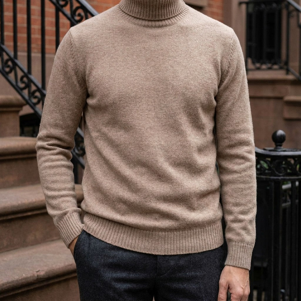 Cesena Merino Wool Turtleneck — Camel, worn on a brownstone stoop