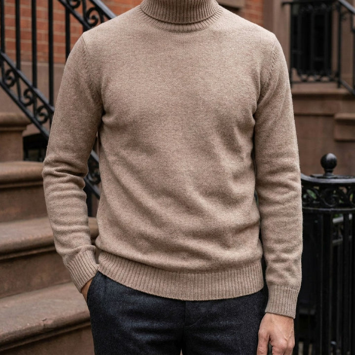 Cesena Merino Wool Turtleneck — Camel, worn on a brownstone stoop