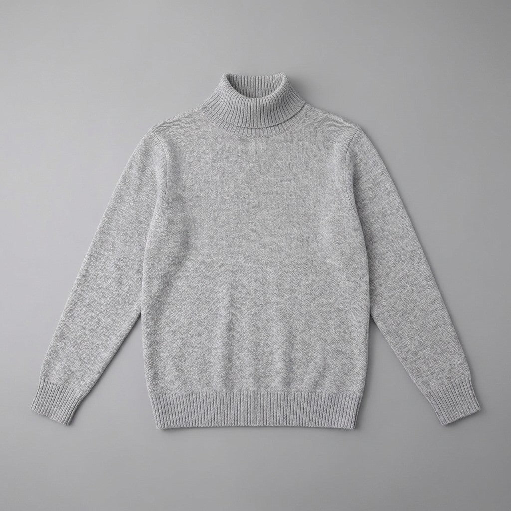Cesena Merino Wool Turtleneck — Light Grey, front flat lay on grey