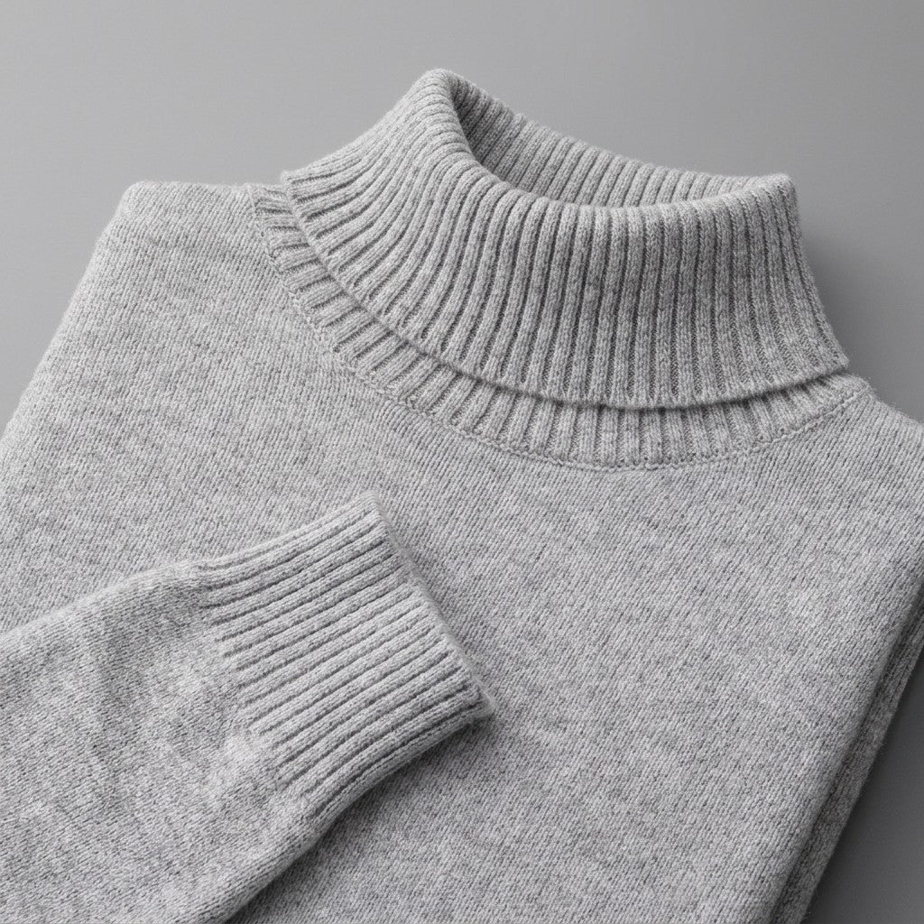 Cesena Merino Wool Turtleneck — Light Grey, close-up of the ribbed collar, knit and cuff