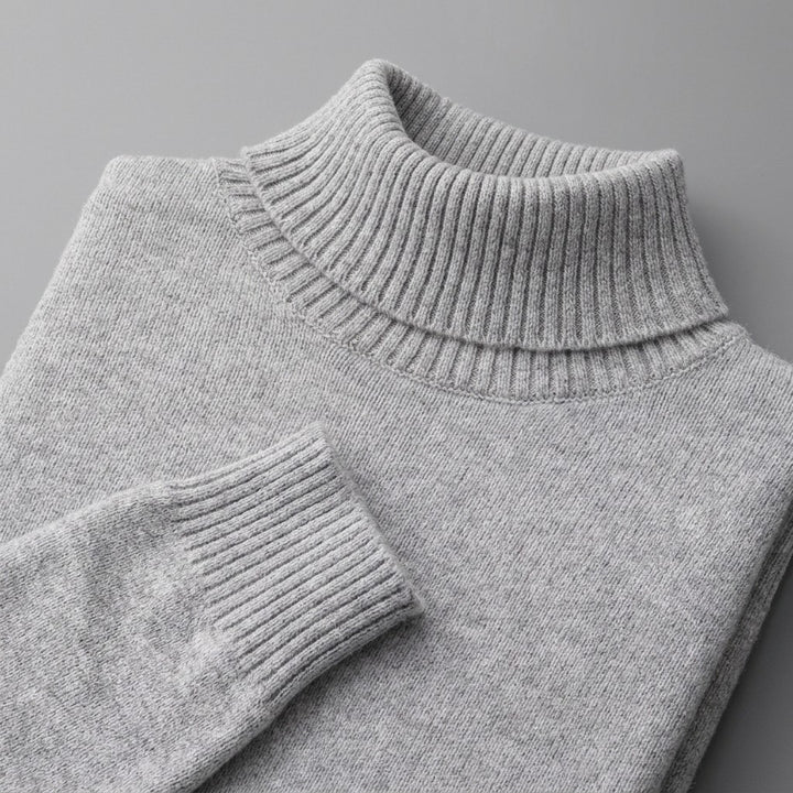 Cesena Merino Wool Turtleneck — Light Grey, close-up of the ribbed collar, knit and cuff