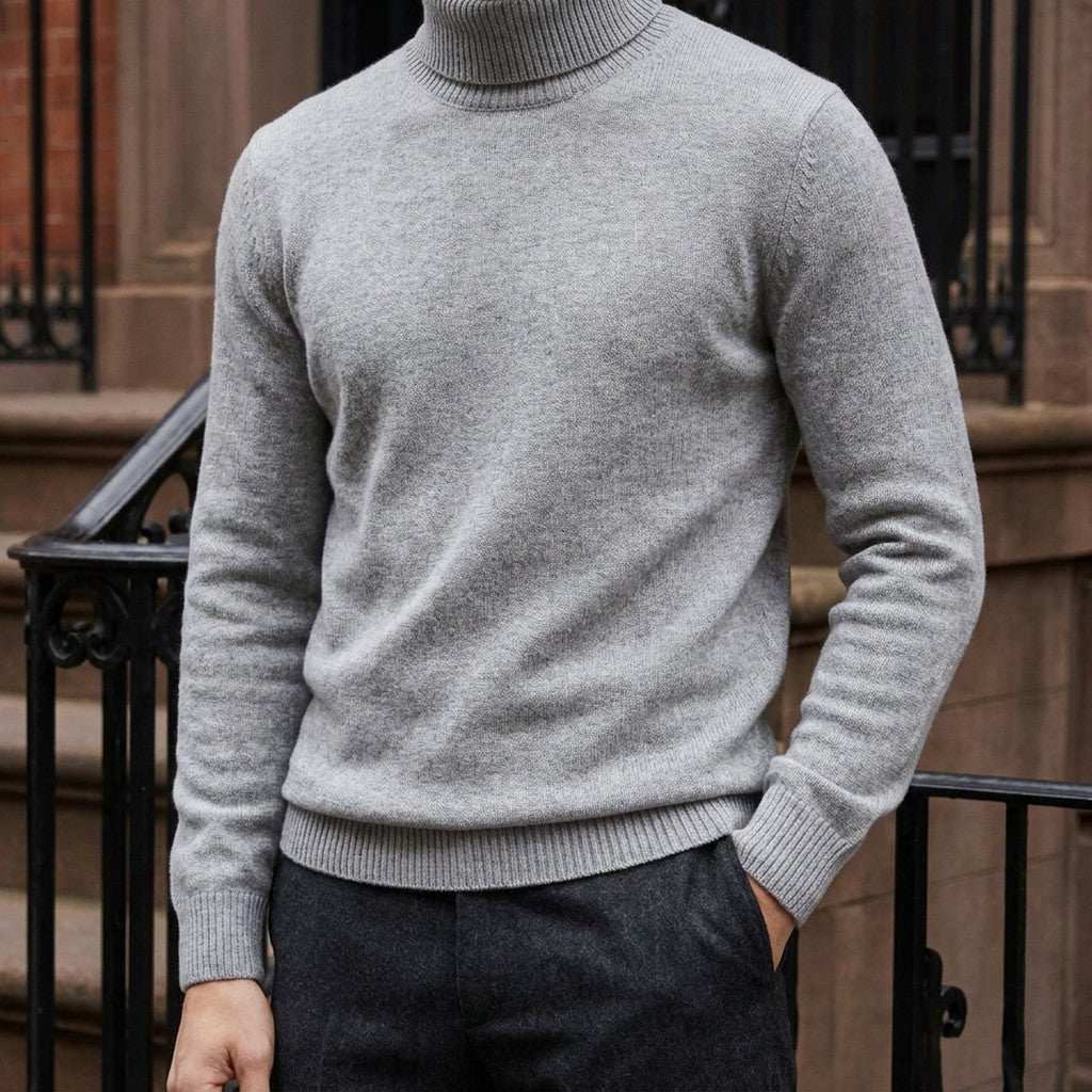 Cesena Merino Wool Turtleneck — Light Grey, worn on a brownstone stoop