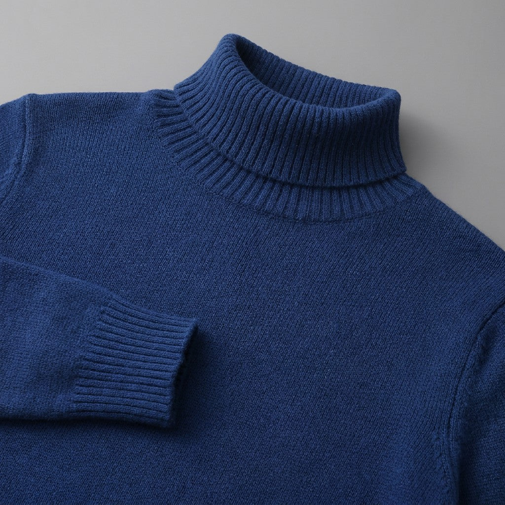 Cesena Merino Wool Turtleneck — Royal Blue, close-up of the ribbed collar, knit and cuff