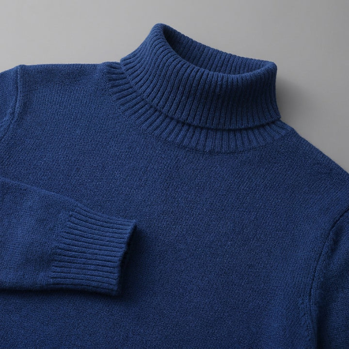 Cesena Merino Wool Turtleneck — Royal Blue, close-up of the ribbed collar, knit and cuff